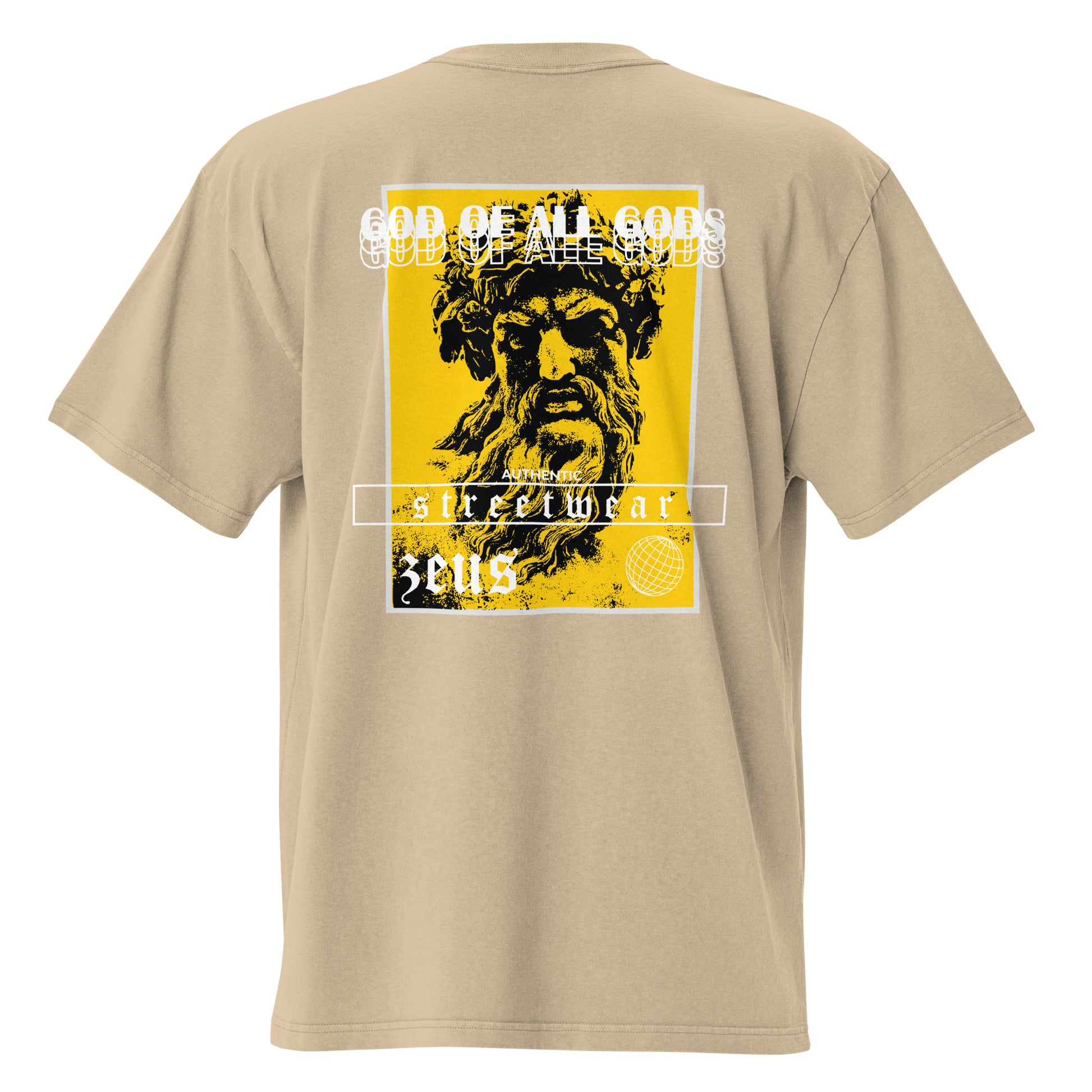 T-shirt oversize délavé Zeus God of All Gods Kaki Délavé vue de dos - grand imprimé dieu grec au dos