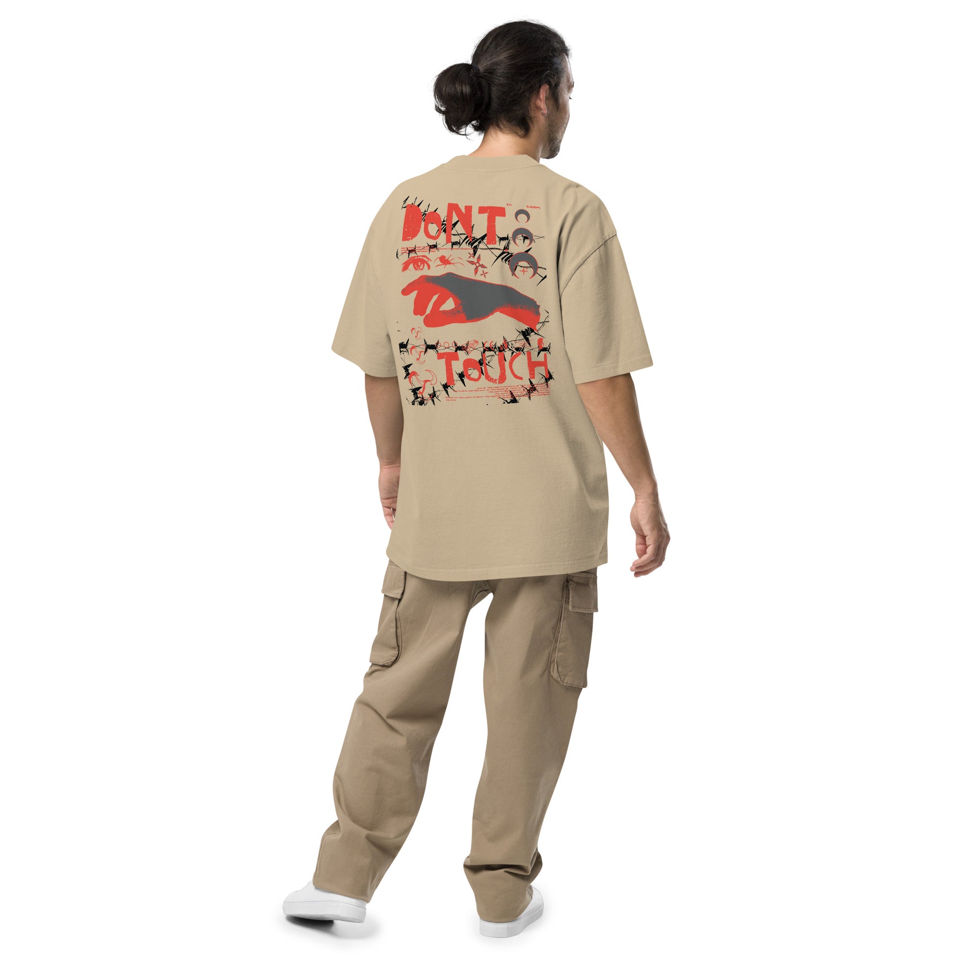T-shirt oversize délavé Biohazard kaki délavé dos - grand imprimé Don't Touch grunge