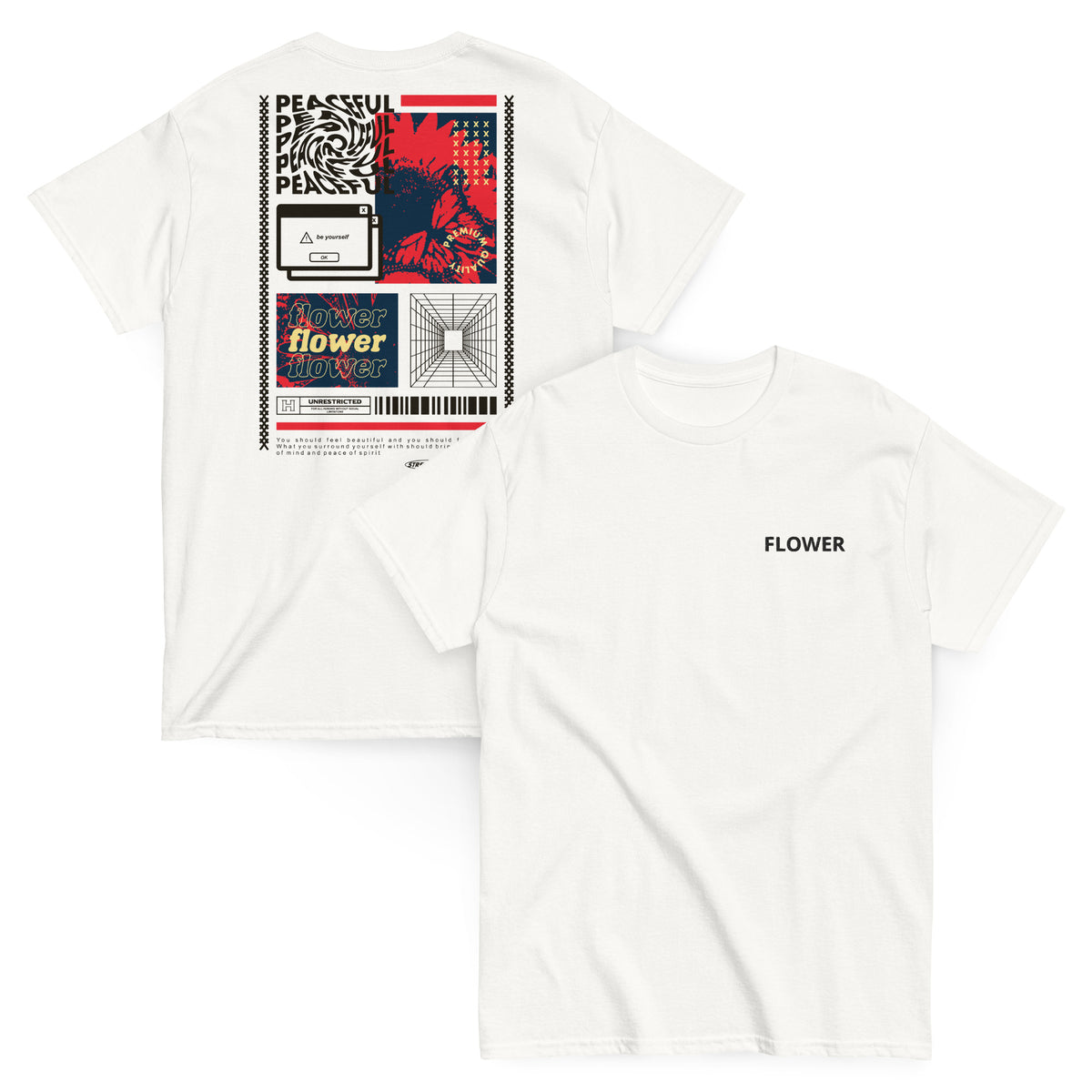 T-shirt Classique Peaceful Flower Collage Blanc - collage streetwear à la poitrine et imprimé Flower au dos