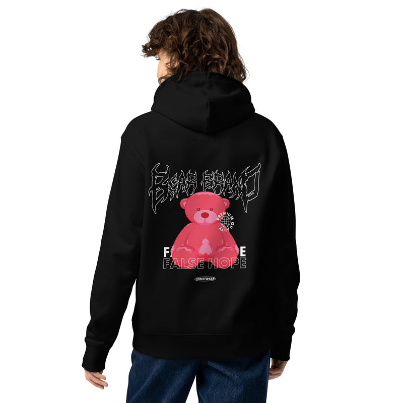 Sweat à capuche Bear Gang noir dos - vue profil avec grand imprimé ourson rose et texte False Hope