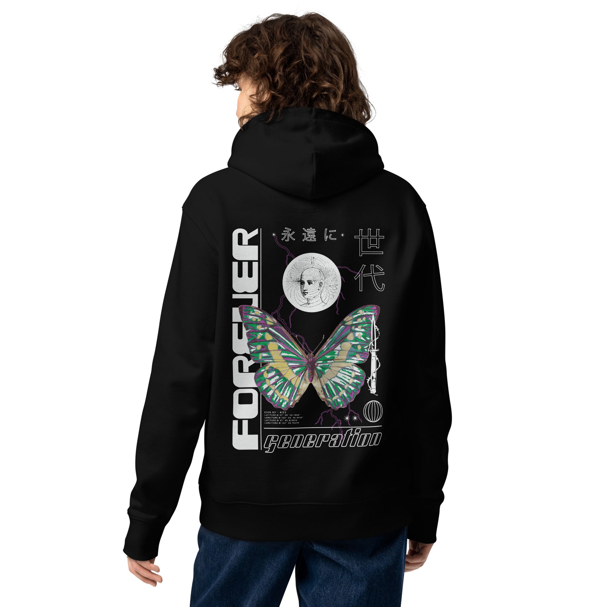 Sweat à capuche Forever Generation Noir dos - grand imprimé papillon et kanji japonais