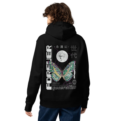 Sweat à capuche Forever Generation Noir dos - grand imprimé papillon et kanji japonais