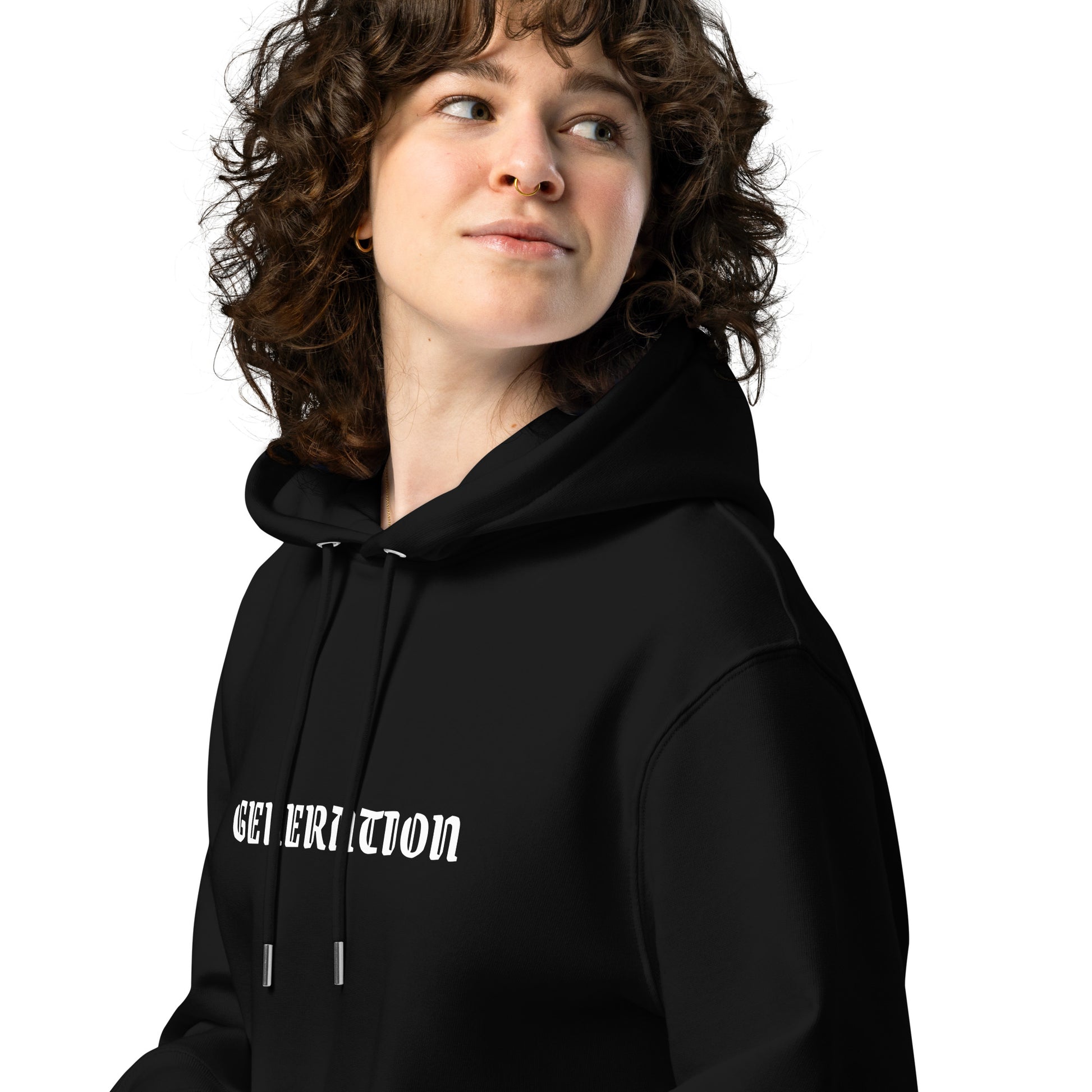 Sweat à capuche Generation Noir détail - logo Generation à la poitrine