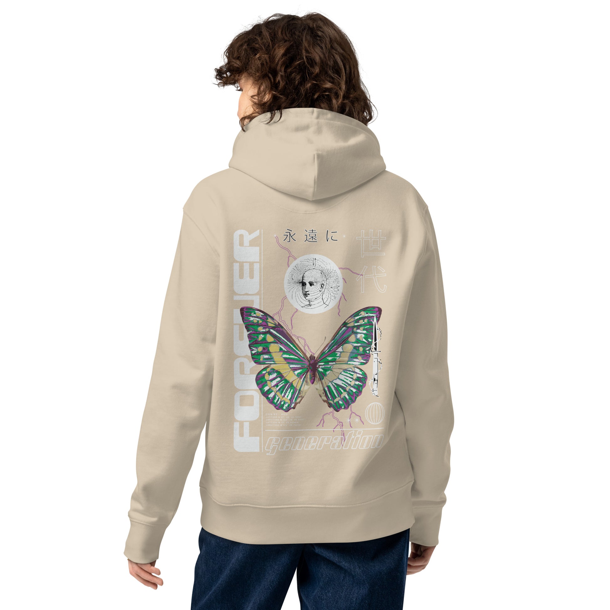 Sweat à capuche Forever Generation Beige Désert dos - grand imprimé papillon et kanji japonais