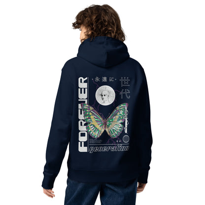 Sweat à capuche Forever Generation Bleu Marine dos - grand imprimé papillon et kanji japonais