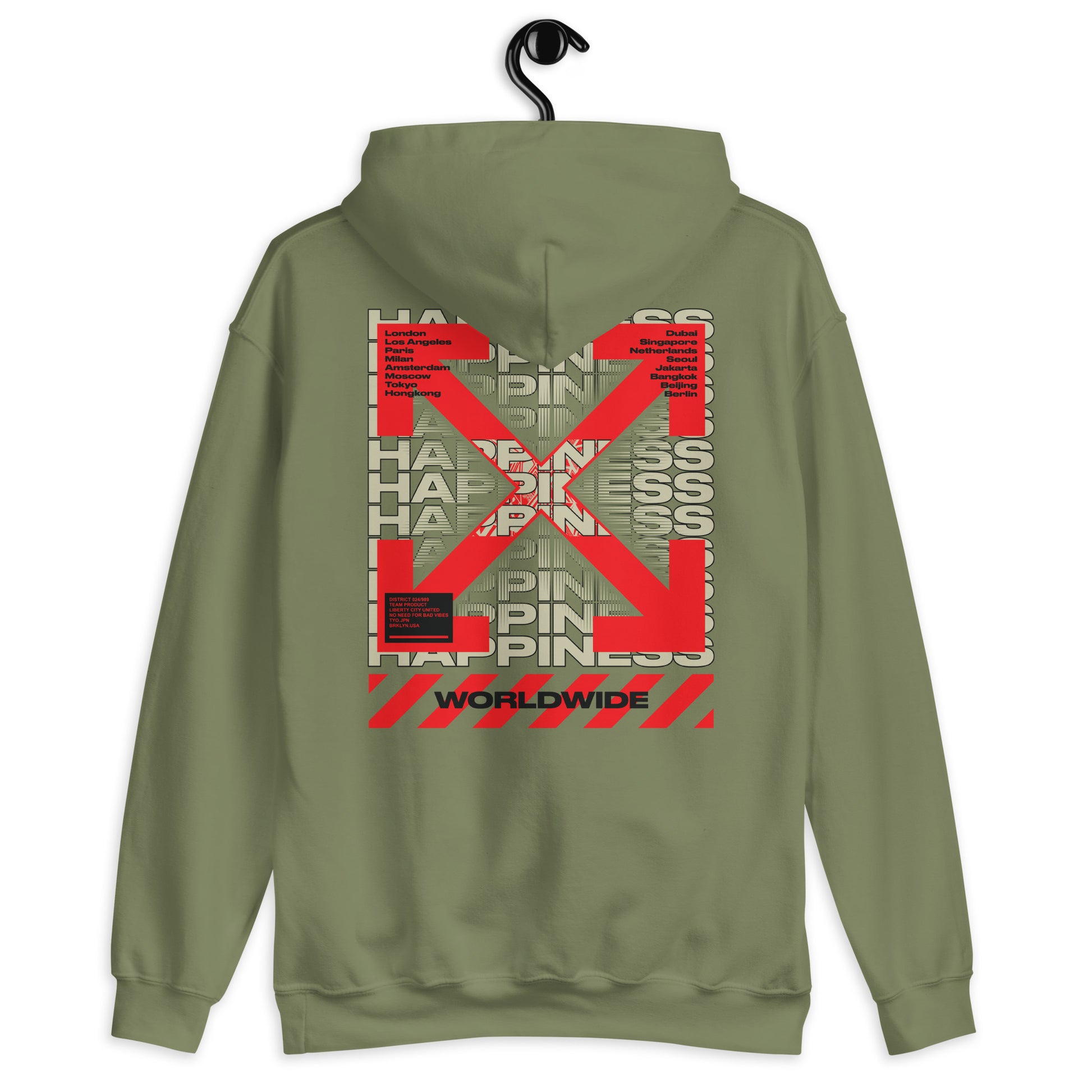 Sweat à capuche Happiness Worldwide vert militaire dos - imprimé