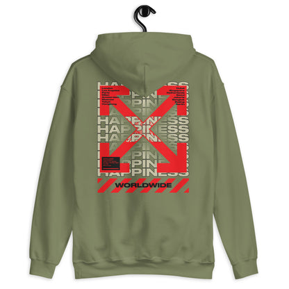 Sweat à capuche Happiness Worldwide vert militaire dos - imprimé