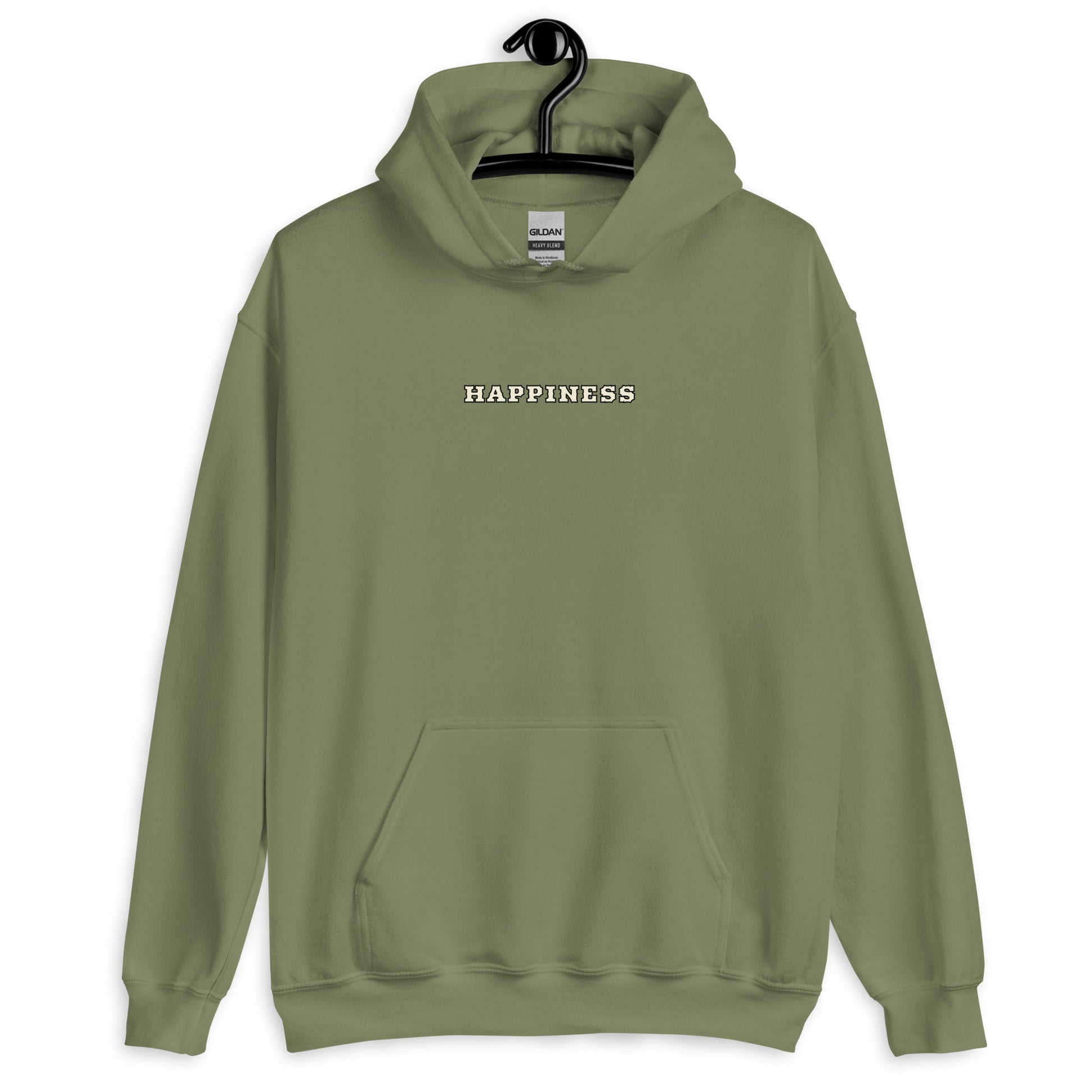 Sweat à capuche Happiness Worldwide vert militaire face - broderie