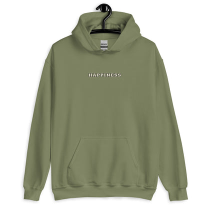 Sweat à capuche Happiness Worldwide vert militaire face - broderie