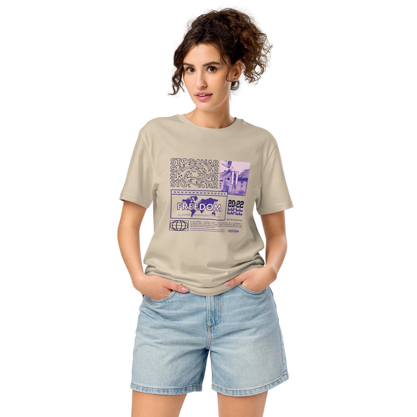 T-shirt Stop War Freedom Beige Désert face - grand imprimé collage Stop War Freedom violet
