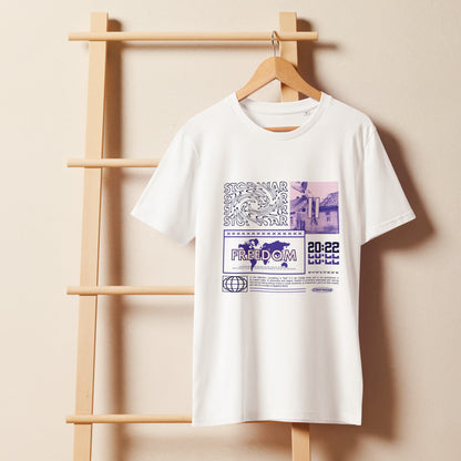 T-shirt Stop War Freedom Blanc face - grand imprimé collage Stop War Freedom violet