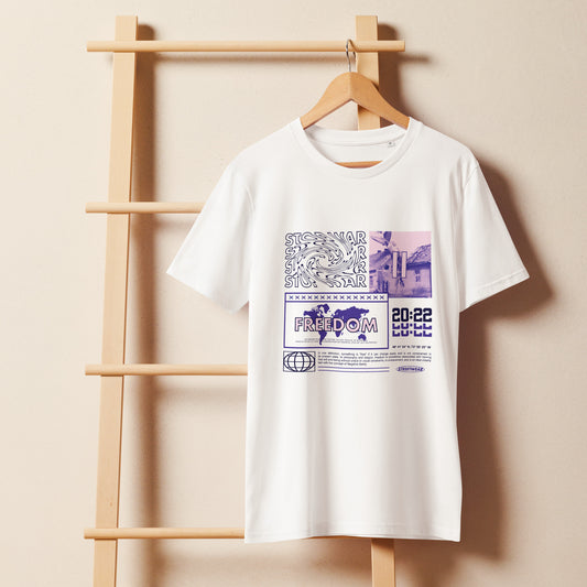 T-shirt Stop War Freedom Blanc face - grand imprimé collage Stop War Freedom violet