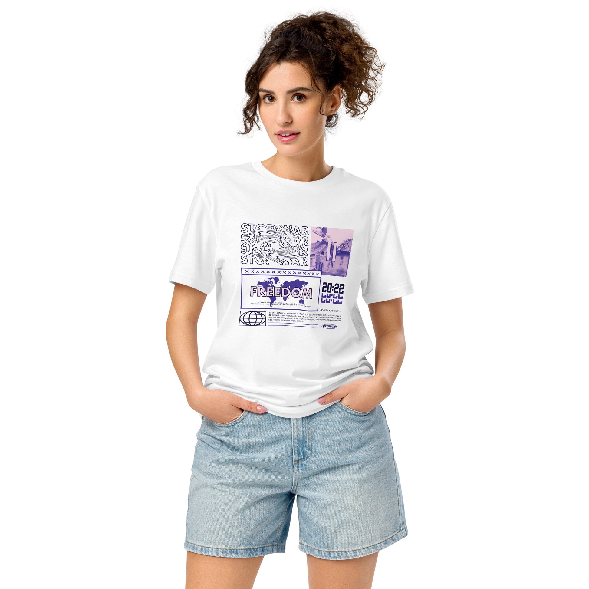 T-shirt Stop War Freedom Blanc face porté - grand imprimé collage Stop War Freedom violet