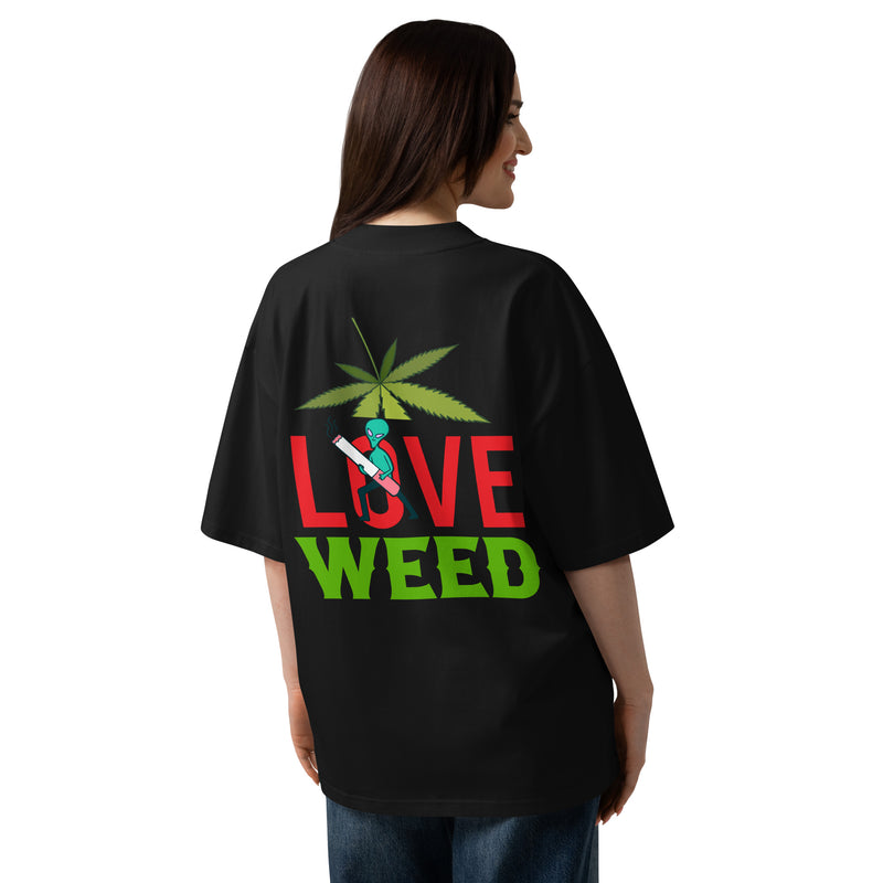 T-shirt col montant Love Weed noir dos - grand imprimé feuille de cannabis et personnage fumant