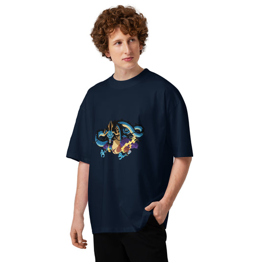 T-shirt oversize col montant Kaidou Bleu Marine face - dragon Kaidou imprimé sur la poitrine