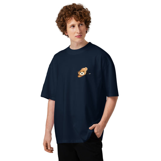 T-shirt col montant Panic Paranoia bleu marine face - ourson à la poitrine
