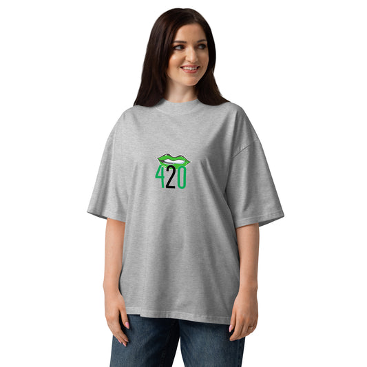 T-shirt oversize Happy 420 gris chiné, petit logo 420 sur la poitrine