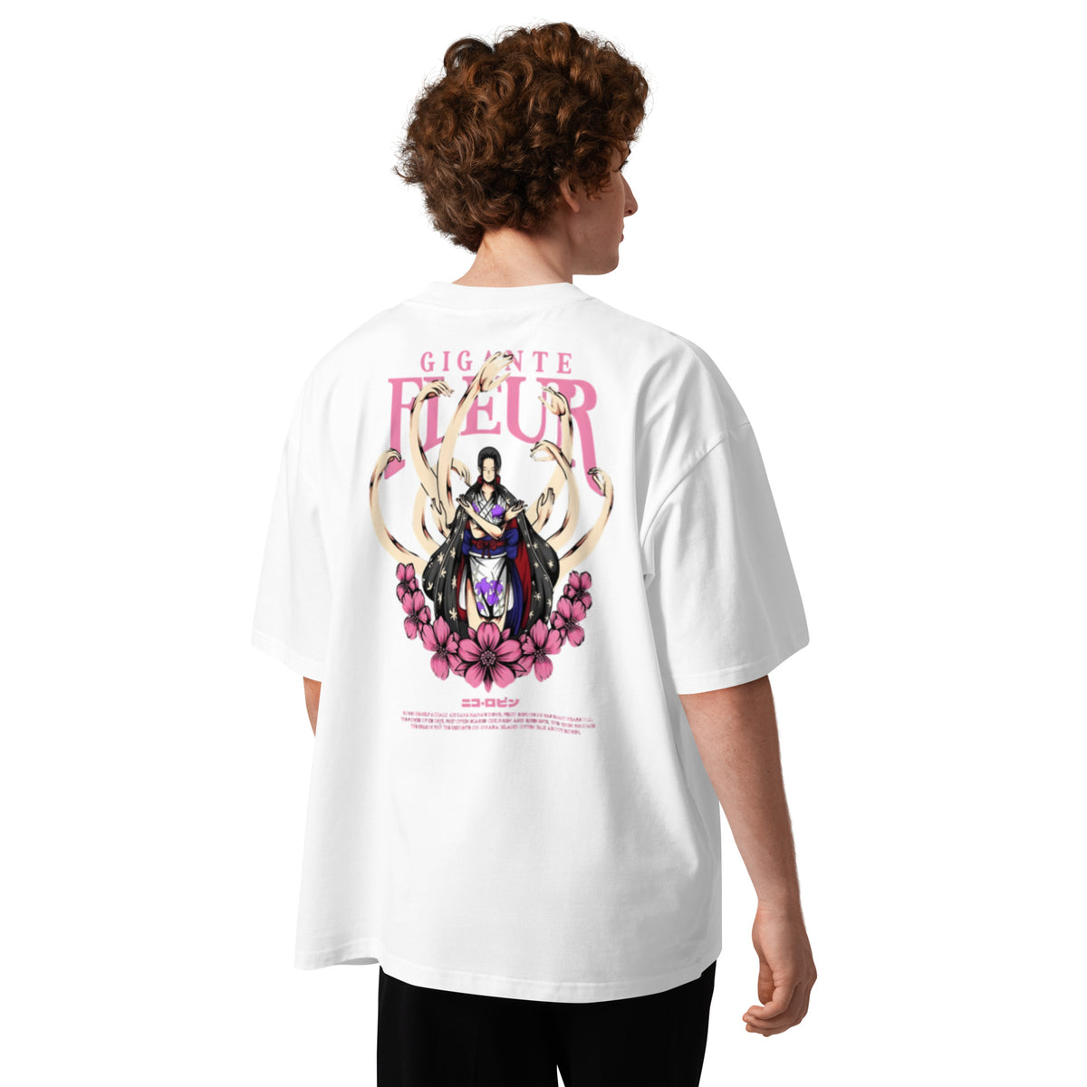 T-shirt oversize blanc col montant unisexe dos - grand imprimé japonais Gigante Fleur