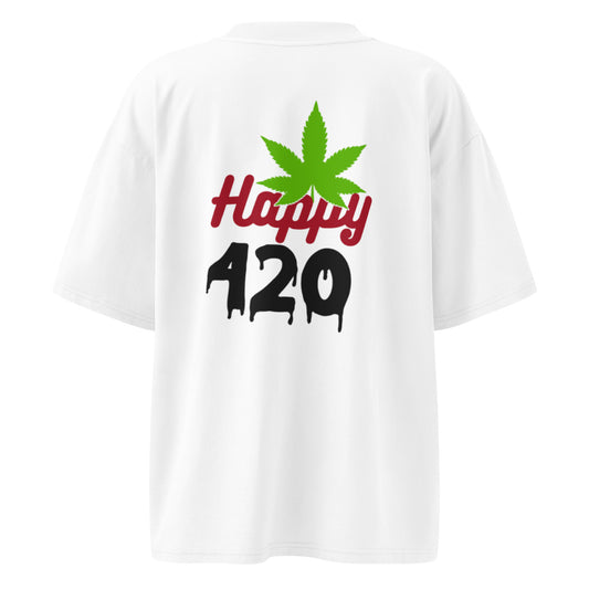 T-shirt oversize Happy 420 blanc, imprimé feuille de cannabis et texte 420 au dos