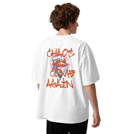 T-shirt col montant Chaos Has Come Again Blanc vue de dos - grand imprimé streetwear au dos
