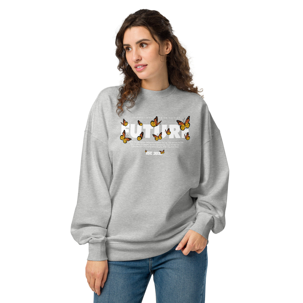 Sweat oversize Bones Gris Chiné face - petit imprimé Future et papillons monarques