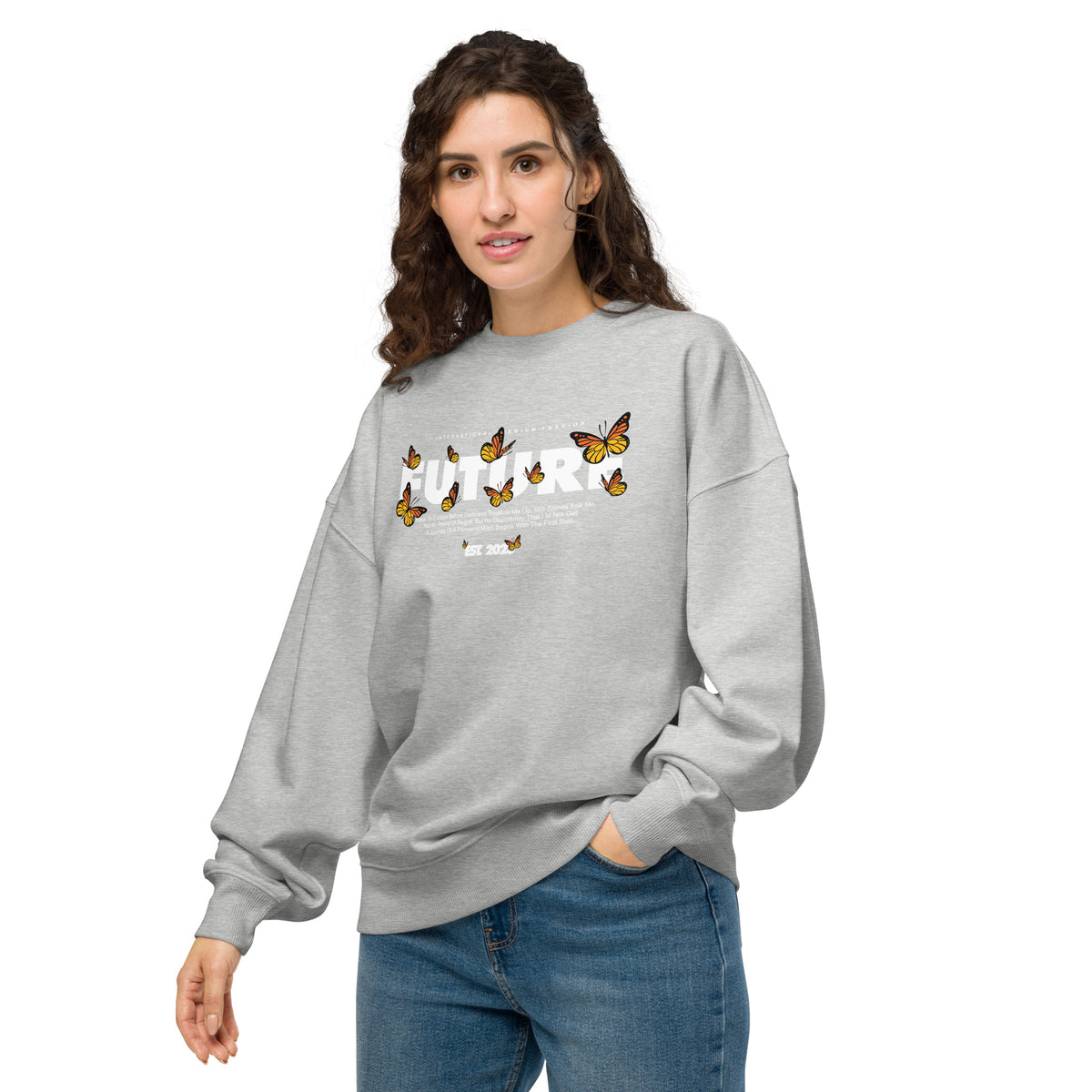 Sweat oversize Bones Gris Chiné détail - imprimé Future et papillons monarques