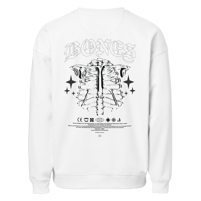 Sweat oversize Bones Blanc dos - grand imprimé cage thoracique gothique