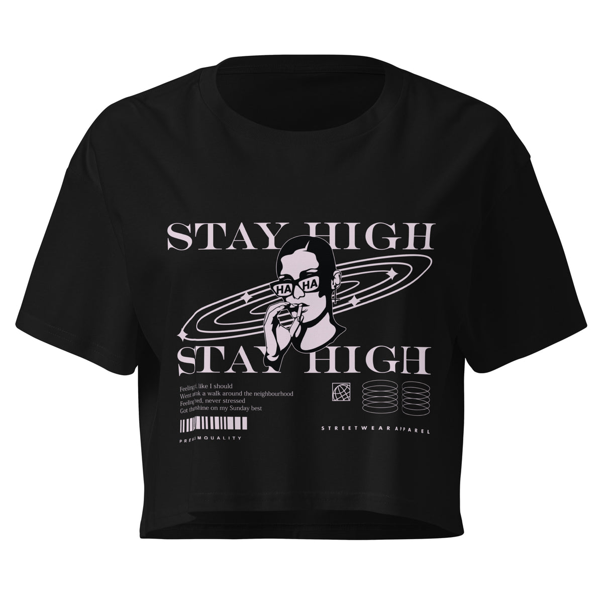 Crop top femme Stay High noir - illustration streetwear et texte Stay High à la poitrine
