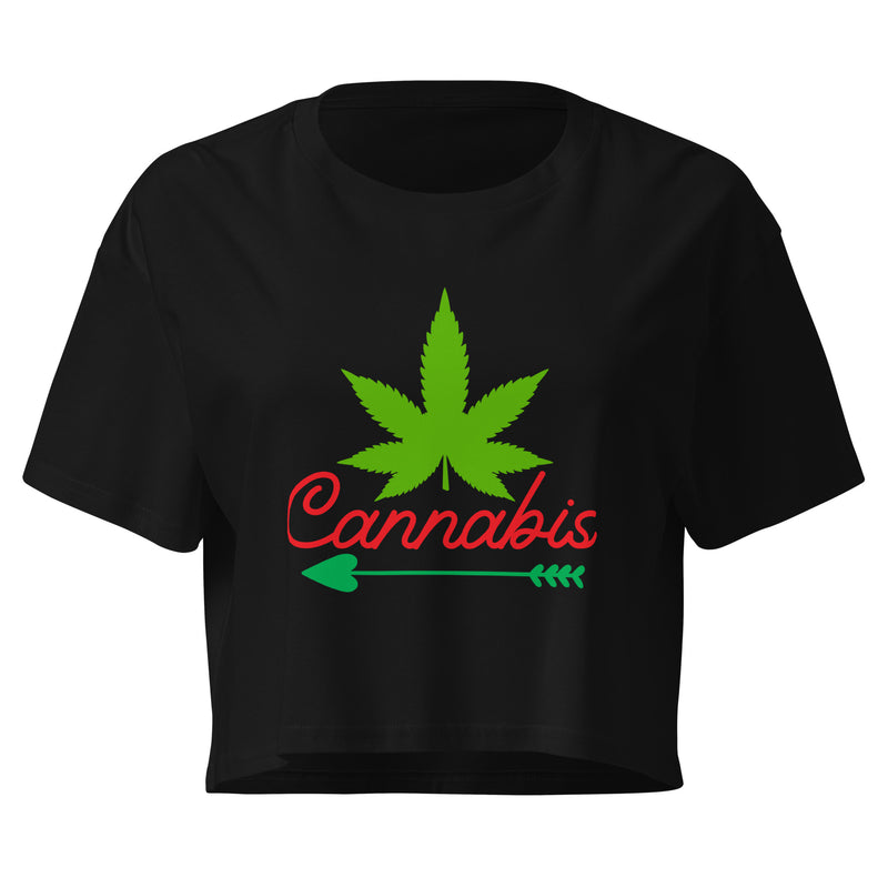 Crop top femme Cannabis noir - feuille de cannabis et texte Cannabis à la poitrine