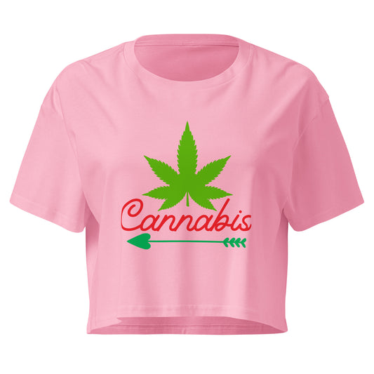 Crop top femme Cannabis rose - feuille de cannabis et texte Cannabis à la poitrine